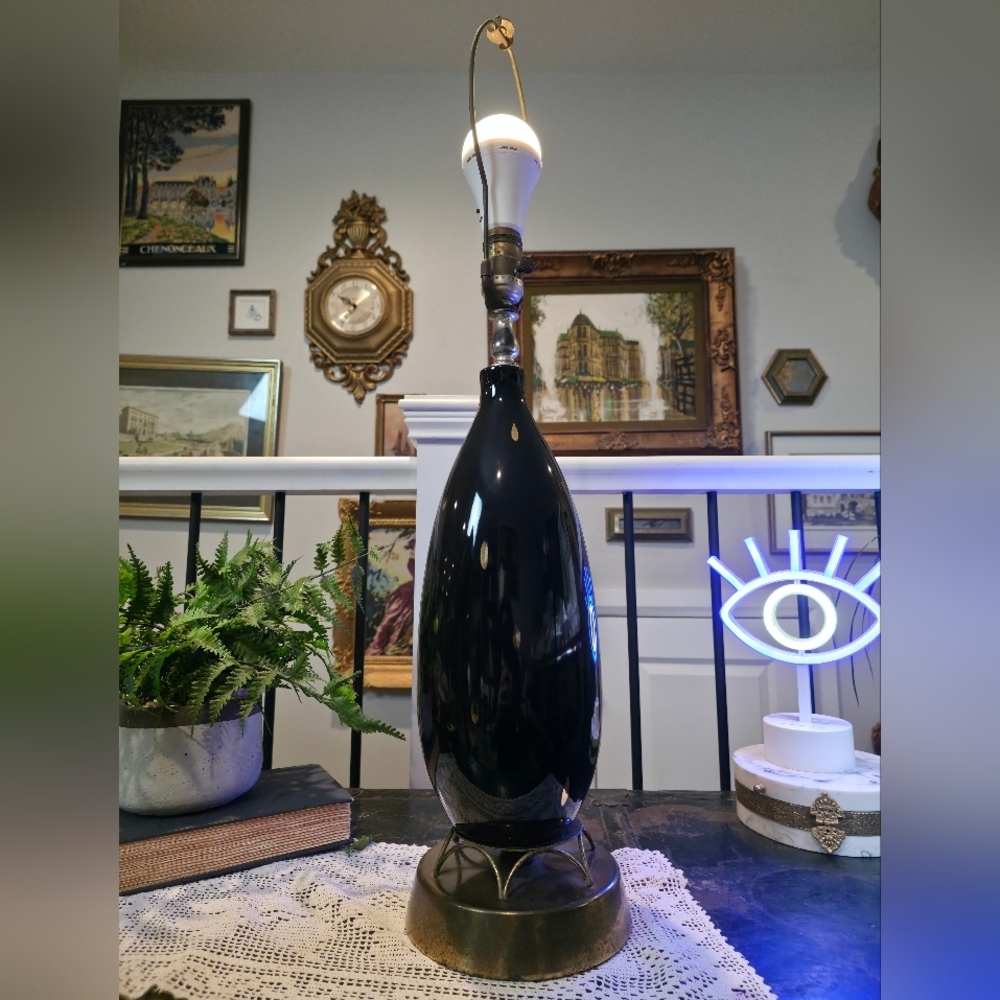 Vintage MCM Atomic Table Lamp Black Gold Speck Ceramic Pod Brass Tripod Base